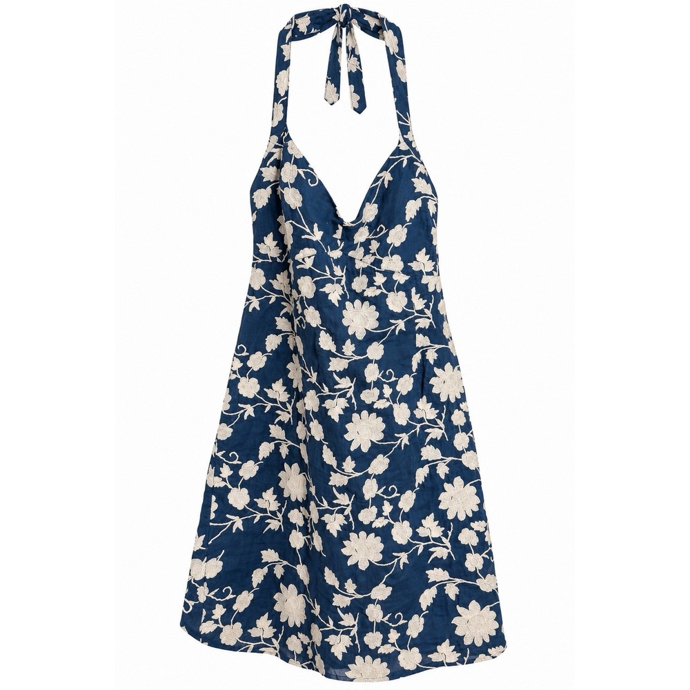 LRL Linen Floral Embroidered Halter Dress 14P Cruise Vacation Florida $295